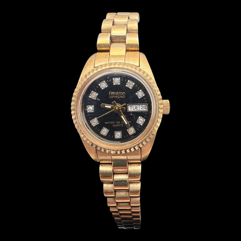 Armitron Diamond Women's Watch Gold Tone Black Dial Diamond Time Marks Untested